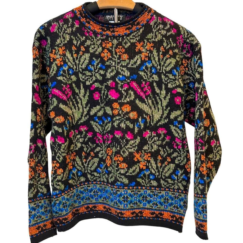 Vintage 80s 90s Wool Italian Floral Fair Isle Heavy Knit Chunky Cozy Cabincore